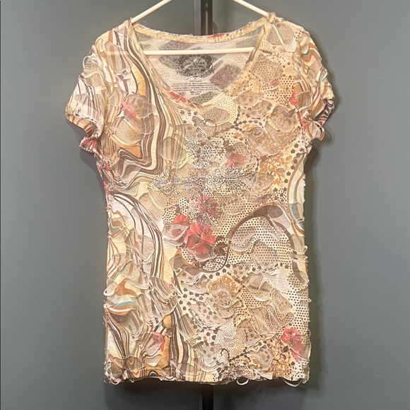 V Cristina Tops - V Cristina Beige Multi Abstract V-Neck Short Sleeve Top